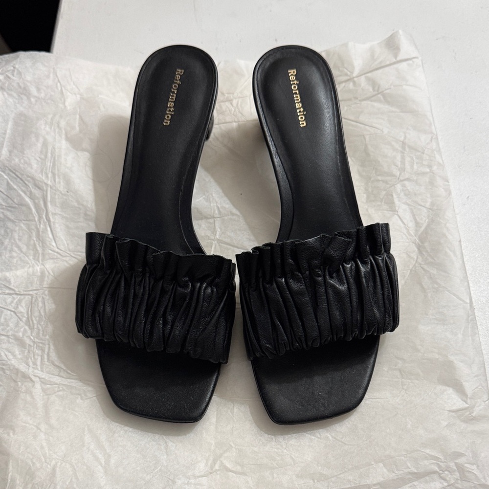 Reformation Black Ruffled Slide Sandals